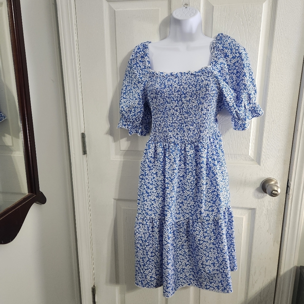 Babydoll floral dress smocked tie back square neck puff sleeve milkmaid LG - Picture 3 of 14